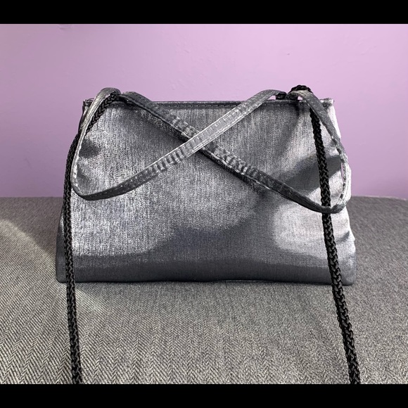 Grey La Rue Satin bag with flower applique. - Picture 2 of 2